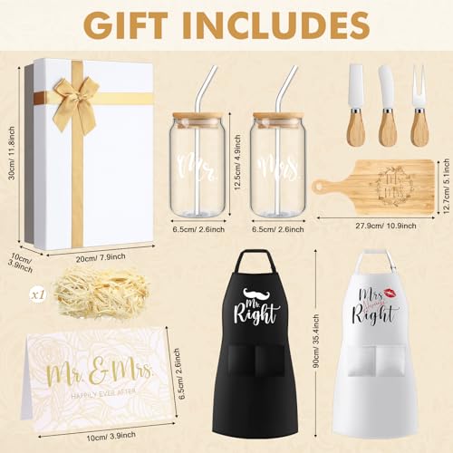 12 Pcs Wedding Gifts for Couples Mr Right Mrs Always Right Glass Cups Aprons Charcuterie Board Candle Butter Knife Box for Bridal Shower Engagement Anniversary Newlywed Bride His and Her - Image 4
