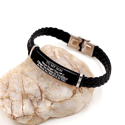 Image of Uloveido PU Leather Stainless Steel ID Bracelet for Son from Mom Dad, Encouragement Inspirational Gift to Men