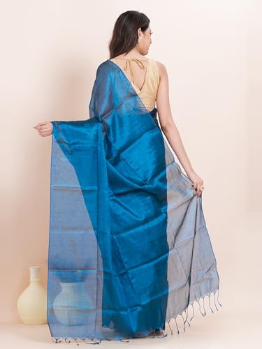 Image of Women's Tissue Cotton Saree | Plain Lightweight Tassel Pallu Saree with Blouse