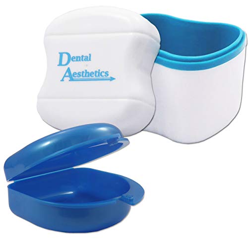 Estuche de baño y retenedor dentales ~ Caja de almacenamiento y contenedor para remojar retenedores ortodoxos, aparatos dentales deportivos, dentaduras dentales y más (baño azul, caja azul)