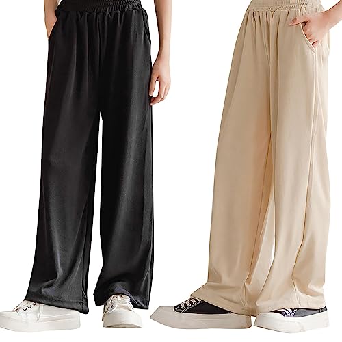 Girls Baggy Sweatpants Ice Silk Wide Leg Soft Comfortable Elastic Waist Solid Color Athletic Kids Casual Pants