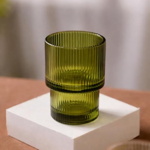Image of 220 ML Premium Green Ribbed Drinking Glasses Set of 6, Vintage Water & Juice Glass Tumblers, Textured Glassware for Whiskey, Cocktail, Mocktail, Soft Drinks & Everyday Use (MT-47)