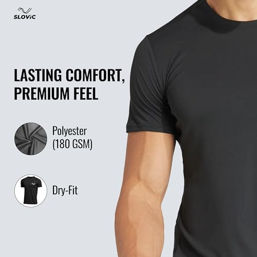 Image of SLOVIC T-Shirt for Man Stylish | Polyester (180 GM) Mens T-Shirt | Dry Fit Tshirt for Man & Boys | Wrinkle Free Gym T Shirts for Men Workout | Black
