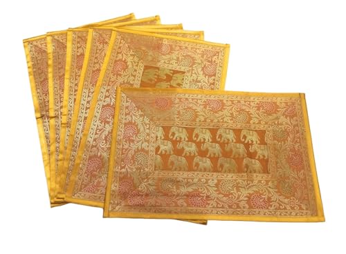 Image of Diwali Room Decor Silk Table Runner Placemats Tea Coaster Set for Living Room 4 to 6 Seater Dinning Table Table Mat Set Centre Table Top Decor Pack of 13 Pcs (Mustard Yellow)