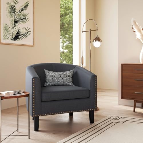 Image of BELLEZE Accent Barrel Chair Set of 2, Modern Tub Club Chair Upholstered Armchair with Gold Nail Head Trim and Black Legs for Living Room Bedroom Apartment Lounge - Gray /Linen