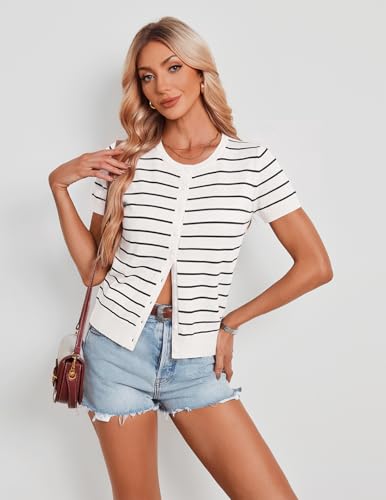 Image of GRACE KARIN Women Short Sleeve Cardigan, 2026 Summer Knitted Sweater Tops, Basic Crew Neck Crop Outfits