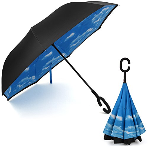 Rainlax Inverted Umbrella Double Layer Windproof Anti UV Protection Umbrellas for Car Rain Outdoor with C-Shaped Handle(Sky Blue)