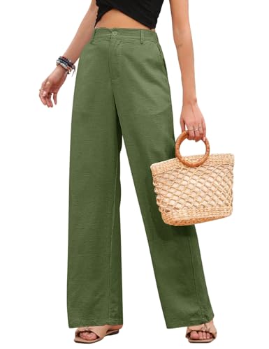 heekpek Leinenhose Damen Sommer Leichte High Waist Hose Damen Bequeme Lang Stoffhose Lockere Gerade Geschnitten Sommerhose Freizeithose mit Taschen, Grün, S