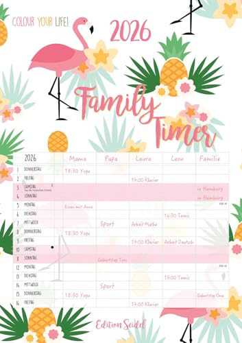 Edition Seidel Planificador familiar Premium Colour your life XL 2026, calendario familiar, calendario de pared, DIN A3, 5 columnas (flamenco)