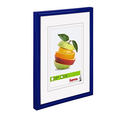 Hama Bilderrahmen Sevilla, 13 x 18 cm mit Passepartout 9 x 13 cm, hochwertiges Glas, Kunststoff Rahmen, zum Aufh&auml;ngen und Aufstellen, blau