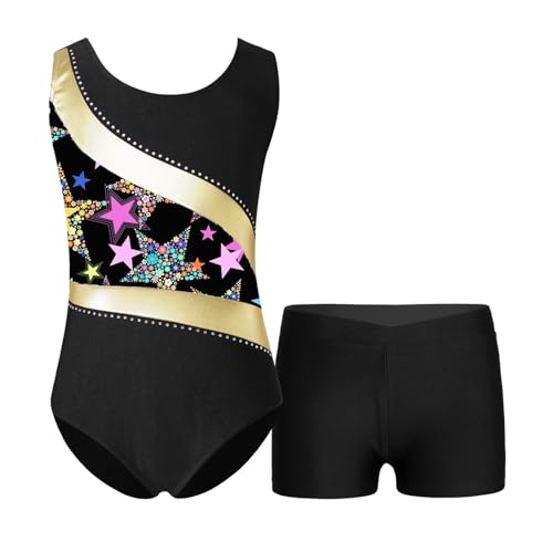 OJEVMLFVQ Leotards For Girls Figure Ice Skating Bodysuit Sleeveless Gymnastics Jumpsuit Dancewear Girls Ballet Dance Leotard(Gold Stars,12)