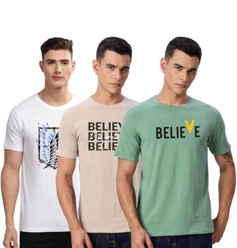 Image of ADRO 100% Cotton Lycra Tshirts for Men Combo Pack of 3 | Regular Fit | Printed T Shirt | Round Neck Half Sleeve| Mens Tshirts