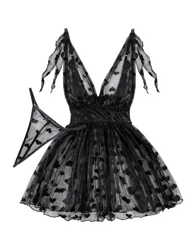 Image of Lilosy Sexy Polka Dots Mesh Sheer Lace Babydoll Chemise Lingerie Set Floral Sleep Wear