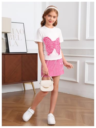 Image of OYOANGLE Girl's 2 Piece Outfits Butterfly Short Sleeve Tee and Denim Skirts Sets