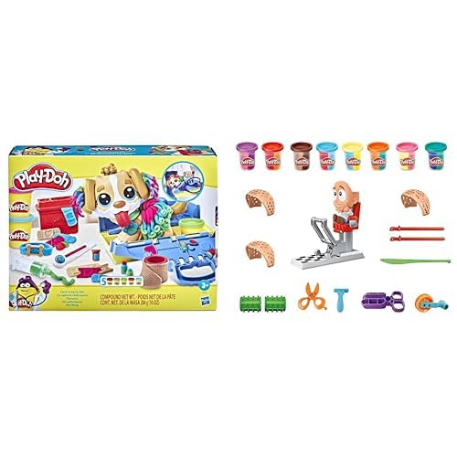 Play-Doh - Coffret Le Cabinet vétérinaire avec Chien, Mallette avec Rangement, Multicolore, 10 Outils et 5 Pots de pâte à Modeler atoxique, pour Enfants dès 3 Ans & - Pate A Modeler - Le Coiffeur
