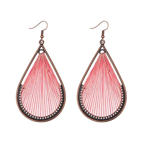 coadipress Handmade Fringe Braided Earrings for Women Boho Woven Lightweight Layered Leaf Geometric Earrings Drop Black Jewelry Fashion Silk Earring Dangle Silver Earrings Jewelry Gifts (Rose Pink Teardrop) Cover