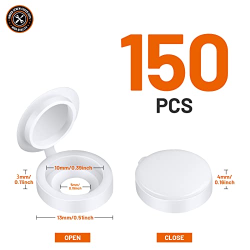Plastic Hinged Screw Cover Caps, Hnyyzl Screw Caps 150 Pcs White, Folding Screw Cover Cap, Snap Washer Covers Flip Tops For Covering Screw Heads, Screw Protection (M) #TOP1
