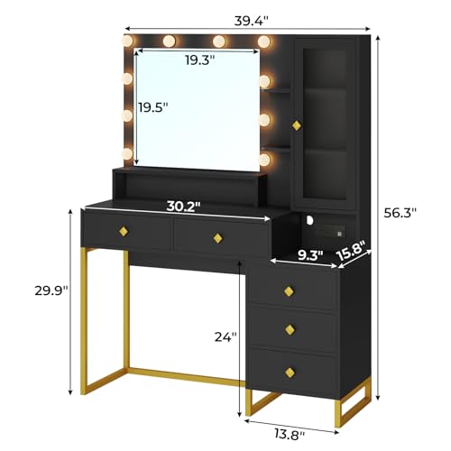 Tiptiper Large Makeup Vanity with Lights and Charging Station, Vanity Desk with Mirror and Lights, Vanity Table with Nightstand, Makeup Table with 5 Drawers & Storage Shelves, Black and Gold - Thumbnail 6