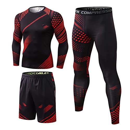 Ensemble Compression Homme 3 Pièces Tenue Sport Fitness Vêtements, Tee Shirt Compression Manche Longue Legging Sport Short Running Rouge M Cover