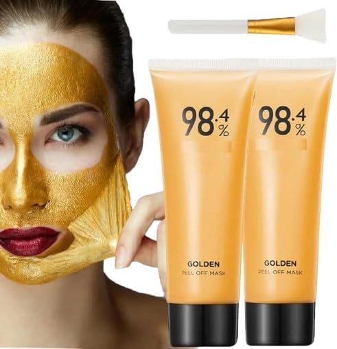 New 2Pcs Gold Peel Off Facial Mask, 98.4% Golden Exfoliating Mask Gold Peel Off Face Mask Anti-Wrinkle, Anti-Aging, Blackhead and Pore Cleansing with 1 Applicator Brush