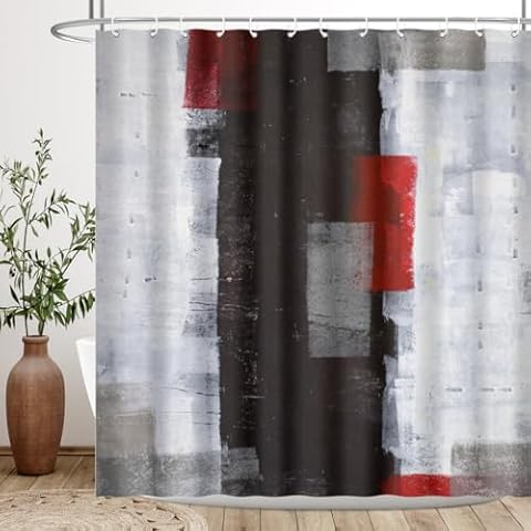 BIYSUC Black Red Shower Curtain Grey Abstract Painting White Wall Geometry Modern Gallery Lines Cool Artwork Waterproof Polyester Fabric Bathroom Decoration 72x72 inchs with 12pcs Plastic Hooks Cover