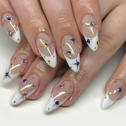 Image of White French Tip Press On Nails - Star Design Medium Almond False Nails with Rhinestone Glossy Artificial Acrylic Full Cover Nude Stick On Nails for Women & Girls Manicure