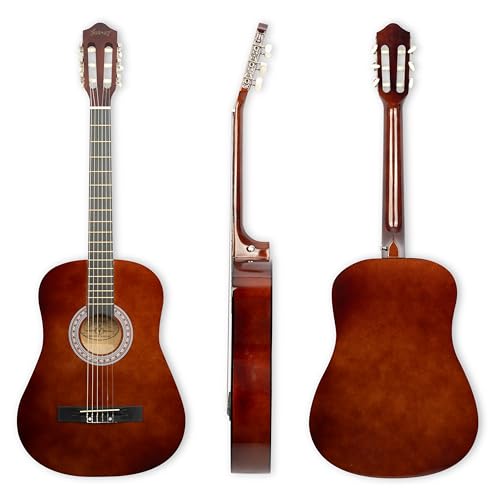Image of Juarez 38 Inch Classical Guitar with Nylon Strings for Beginners, Finger-Friendly Full Size Guitar Kit with Bag, Picks, Strap & Extra Steel Strings for Upgrade, Brown