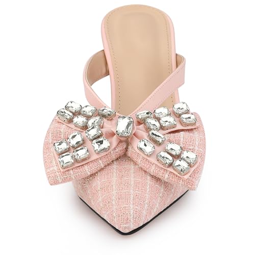 Allegra K Women's Pointed Toe Tweed Rhinestone Bow Stiletto Heels Pink Mules 7 M US