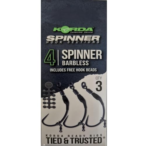 Korda Ready Tied Spinner Hook Sections: 4 Barbless - Pre-Tied Spinner Rigs for Carp Fishing with Spinner, Krank, and Kurv Shank Hooks – Quick and Easy Setup Carp Fishing Hook
