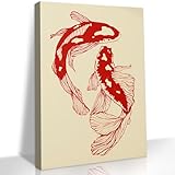 LSXARTQQ Funky Japanese Wall Art Asian Red Koi Fish Aesthetic Print Unique Oriental Carp Canvas Wall Decor Neutral Beige Picture Painting For Living Room Bedroom Office Dorm Room(12x16inch)