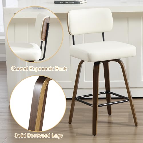 Butacos VipDesk de altura para barra, set de 2 unidades, tapizados en cuero sintético, con respaldo y patas de madera de nogal, estilo moderno - Blanco miniatura 4