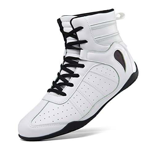 ZKHD Boxschuhe Herren Ringerschuhe Sparring-Boxer Turnschuhe, Kniebeugenschuhe mit Knöchelschutz Leicht Bodybuilding Gewichtheben MMA-Schuhe,White-42EU Cover