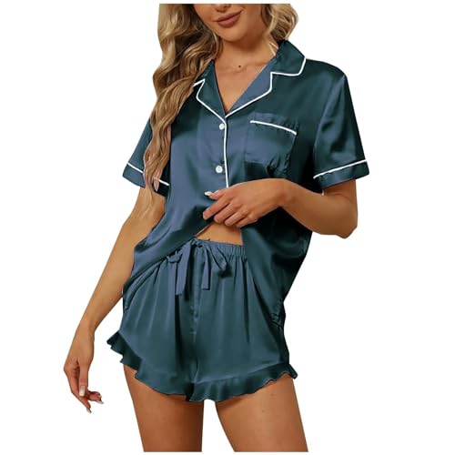 Generisch Conjunto de pijama de seda para mujer, pantalones cortos y top, conjuntos de pijamas de satén con botones, 2 cómodos conjuntos de ropa de dormir pantalones acampanados de cintura alta negro