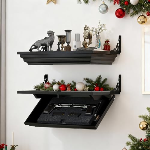 Gurexl 24''L x 13''W x 4''D Gun Rack with Magnetic Lock, Solid Wood Compact Gun Shelf with Secure Hidden Compartment for Wall Mount Display, Indoor Storage Security Safe Box for Home