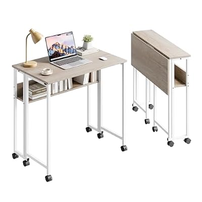 Dripex Escritorio Plegable Pequeño con Espacio de Almacenamiento y Ruedas, Ahorra Espacio, Mesa Plegable para Oficina en casa, Estudio, Color Madera, 80 x 50 x 75 cm