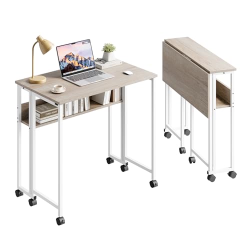 Dripex Escritorio Plegable Pequeño con Espacio de Almacenamiento y Ruedas, Ahorra Espacio, Mesa Plegable para Oficina en casa, Estudio, Color Madera, 80 x 50 x 75 cm
