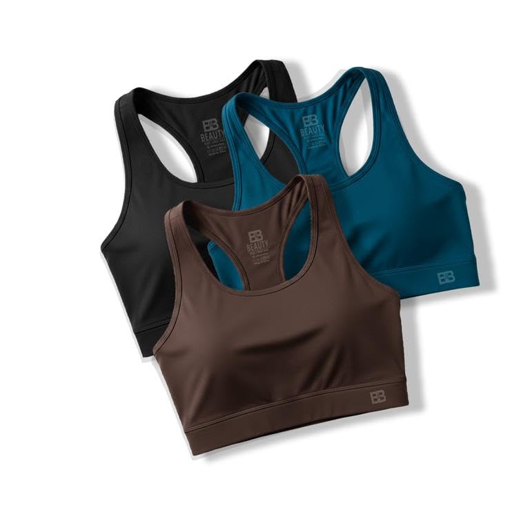 Image of BOLD & BEAUTY Women Cotton Blend Sports Bra with U-Neck, Racerback Style and Regular Straps for Workout, Yoga & Training (Pack of 3)