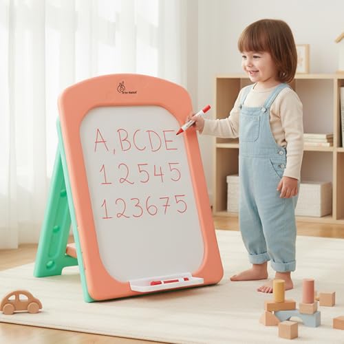 Image of R for Rabbit Little Genius Doodle Whiteboard for Kids Drawing Activity Board Rounded Corner Design Foldable 7-Level Adjustable Height & Handy Storage Tray for 3-7 Years Kids (Peach Green)