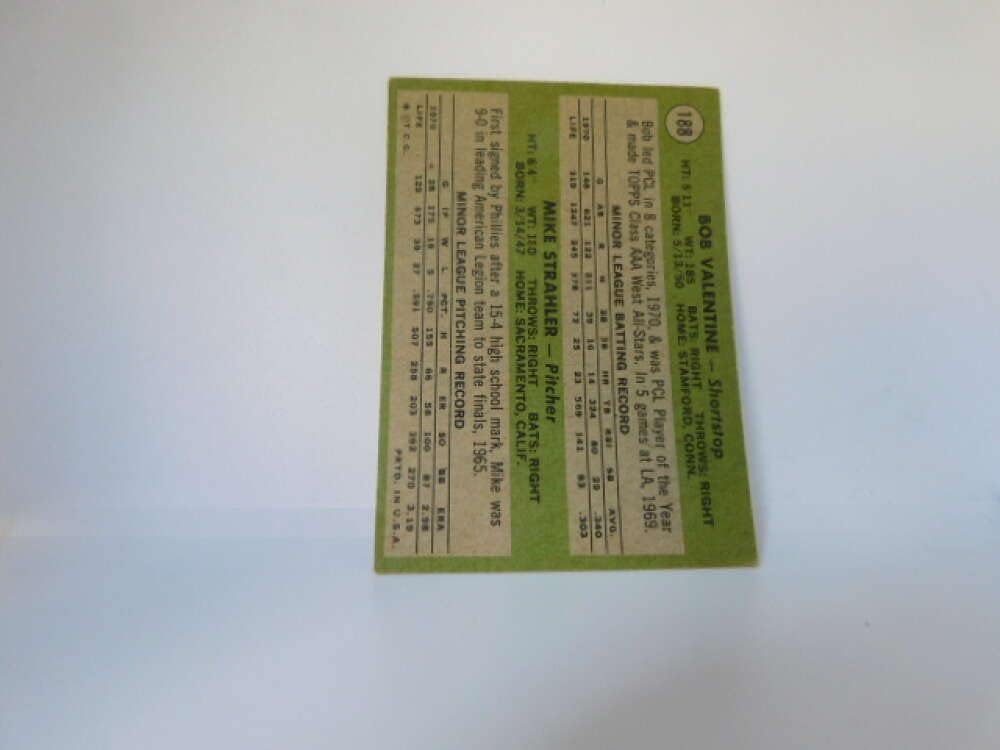 1971 Topps Baseball Series 2#188 Bobby Valentine/Mike Strahler RC Rookie Los Angeles Dodgers Set Break 2 (See Photos for Actual MLB Trading Card you will receive)