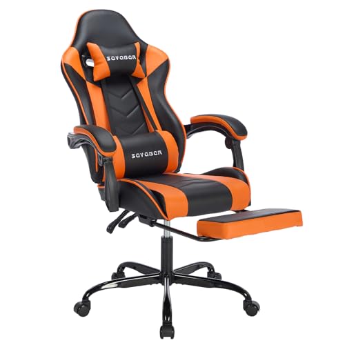 Gamer Chair Pu Leather Computer Desk Chair, Ergonomic Gaming Chair with Footrest and Massage Video Game Chairs, Adjustable High Back Office Chair Swivel Gaming Recliner for Adults