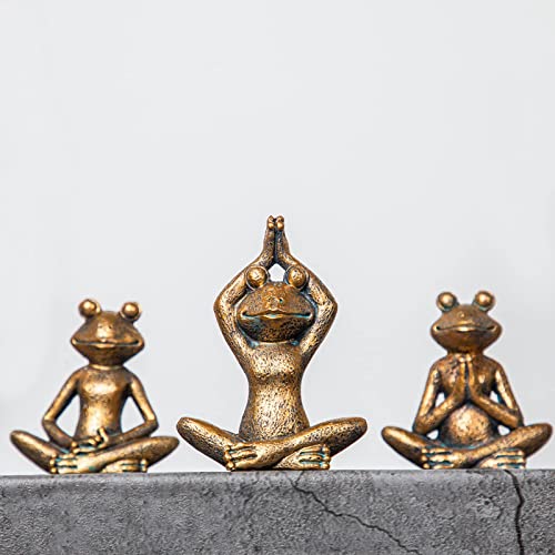 Frog Figurines Yoga Zen Decor – Frog Yoga Statues For Home Decor,Set Of 3 Yoga Statues And Sculptures Meditation Decor For Shelves,Zen Decor Yoga Statue Shelf Decor Accent Antique Bronze Color #TOP3
