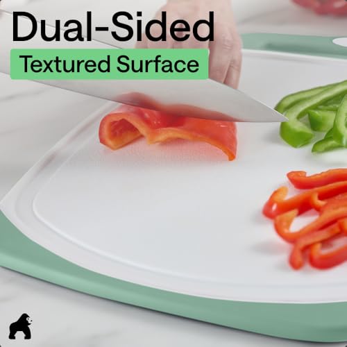 Image of GORILLA GRIP BPA-Free Reversible Kitchen Cutting Board Set of 3, US Designed, Nonporous, Juice Grooves Catch Liquid, Slip Resistant Border, Dishwasher Safe, Durable Large Food Chopping Boards, Mint