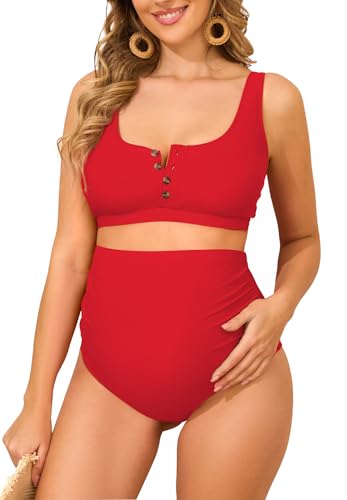 Zando Red Maternity Swimsuit High Waisted Maternity Swimsuits for Women Cross Back Bikini Set Maternity Bathing Suit Two Piece Button Down Maternity Bathing Suits for Women Pregnancy Swimwear L