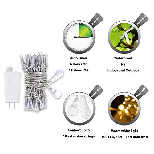 Led String Lights, 100 Warm White Led Christmas Lights For Indoor Decoration, Tree, Party, Balcony, Outdoor, 49 Ft Plug In String Light With Timer, Multifunction, Waterproof, Extendable To 500 Led #TOP1