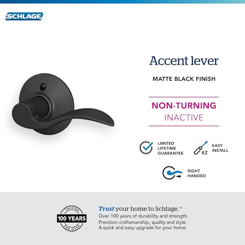 Image of Schlage F170 ACC 622 RH Right Handed Accent Door Lever, One Sided Non-Turning Dummy Door Handle, Matte Black