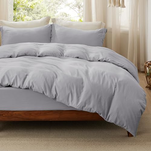 Image of Bedsure Duvet Cover King Size with Fitted Sheet - 4 Pieces Prewashed Cotton-Like Polyester Extra Soft Bedding Set, Includes 1 Duvet Cover 104x90 Inches, 2 Pillow Shams, 1 Fitted Sheet, Light Grey