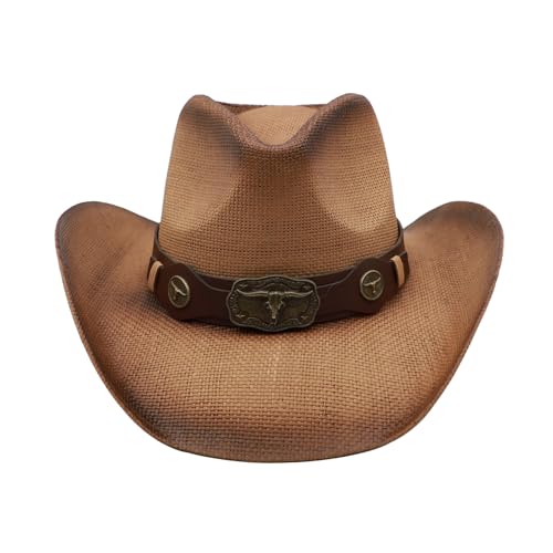 Image of Mens Straw Cowboy Hat Unisex Western Beach Sun Hat for Men Women Wide Brim Fedora Hat Cowgirl Hats Summer Panama Hat