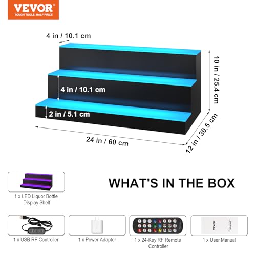 VEVOR LED Lighted Liquor Bottle Display, 3 Tiers 24 Inches, Supports USB, Illuminated Home Bar Shelf with RF Remote & App Control 7 Static Colors 1-4 H Timing, Acrylic Lighted Shelf for 18 Bottles by VEVOR - Image 7