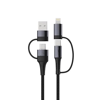 JTP-2 4 in 1 Cable 65W PD USB to Lightnin, USB to Type-C, Type-C to & Type C to Type-C Sync and Charge Nylon Braided Fast Charging Cable Compatible with i-Phone 1M - Black
