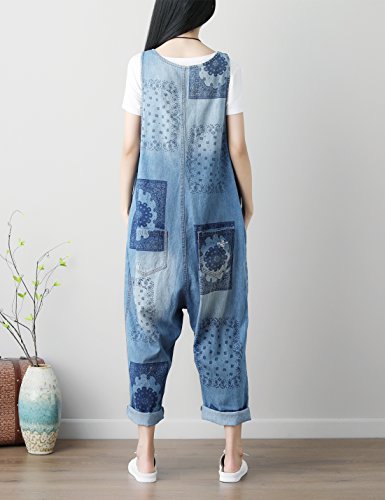 Flygo Women's Loose Floral Printed Distressed Capri Denim Bib Overalls Jumpsuit Rompers With Pockets (One Size, Style 03 Light Blue) #TOP3